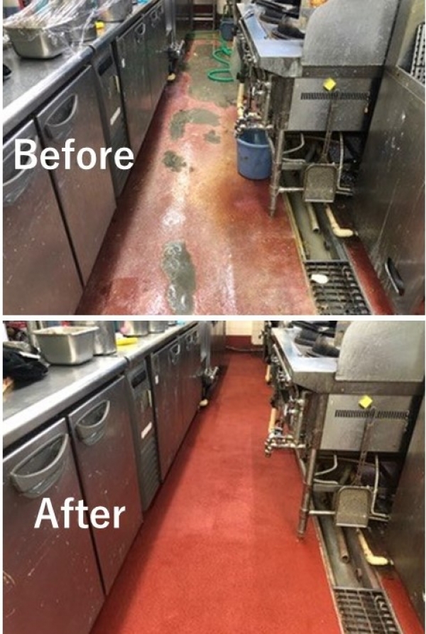 厨房床の防滑工事例　飲食店 (鍋周り）